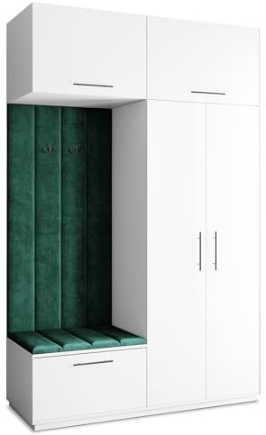 Masseno Flugarderoben Set Rema, Kleiderschrank-Set mit Sitzbank, Garderobenschrank Flur mit 5 Regalböden, Weiß