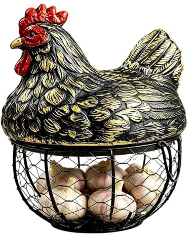 Hen Shaped Egg Basket - Farmhouse Wire Egg Storage Container with Resin Lid - Rustic Kitchen Countertop Holder Decor