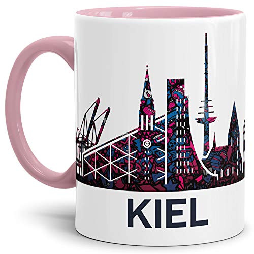 Kiel-Tasse Skyline - Kaffeetasse/Silhouette/Souvenir/Städte-Tasse/Mug/Cup/Becher/Beste Qualität - 25 Jahre Erfahrung - Innen & Henkel Rosa