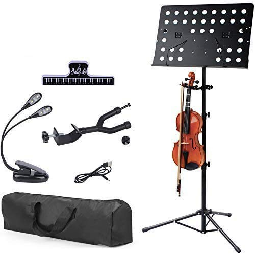 Klvied Professional Sheet Music Stand with Violin Hanger, Folding & Portable Violin Stand With Travel Case, Black