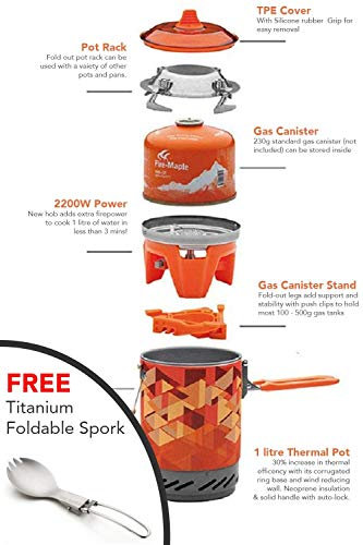 Fire-Maple 2022 Version FMS-X2 Ultralight Compact Windproof Cooking Jet Boiler Stove | Titanium Spork Piezo Ignition Support & Stand (Orange | 2200W)