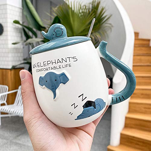whcct Tazze Animali Stereo Elefante Tazza da caffè con Coperchio Cucchiaio Bicchieri da caffè Tazze da tè novità Tazza da Latte 450 ml