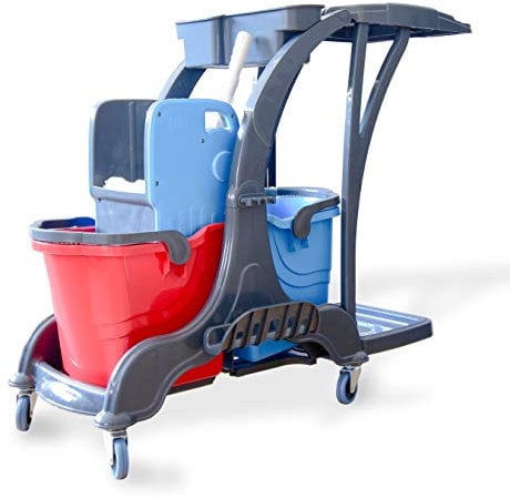 Hypafol Putzwagen Reinigungswagen | 2x25l Eimer | Doppelfahrwagen inkl. Moppresse, Utensilbehälter & Abfall-Eimer | für Gebäudereinigung, Hotelservice, Gastronomie, Großküche, Büroreinigung oder Arzt