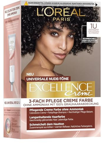 L'Oréal Paris Permanente Haarfarbe für jeden Hautton, Coloration ohne Ammoniak, Universale Nude-Töne mit vollständiger Grauhaarabdeckung, Excellence Creme, Nr. 1U Schwarz, 1 Stück