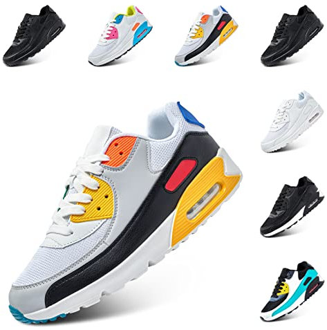Mens Trainers Ladies Womens Running Shoes Gym Athletic Sports Jogging Sneakers Lightweight Cushioned Shock Absorbing Breathable Fashion White and Yellow Size 6.5 UK