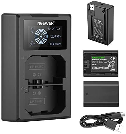Neewer NP-FZ100 Kit de Chargeur de Batterie de Remplacement, Compatible avec Sony ZV-E10II A9III A7CII ZV-E1 A7III A7IV FX3 FX30 A6700 A1, 2 Paquets Li-ION 2280mAh, Double Chargeur USB avec Écran LCD