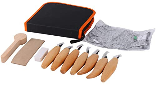 DOPORA Holz Schnitzwerkzeug Set 12PCS-Holzschnitzmesser-Aufbewahrungstasche-Holzlöffelrohling- Schnittfeste Handschuhe- Lederriemen und Poliermittel Holzbearbeitungswerkzeuge für Löffel Whittling