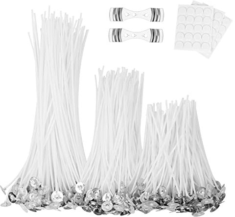 URAQT Mecha para Velas, 300 mechas de algodón Natural para Velas con 60 Pegatinas de Puntos y 2 Soportes para mechas, mechas largas pre enceradas de bajo Humo para Hacer Velas artesanales(10 cm)