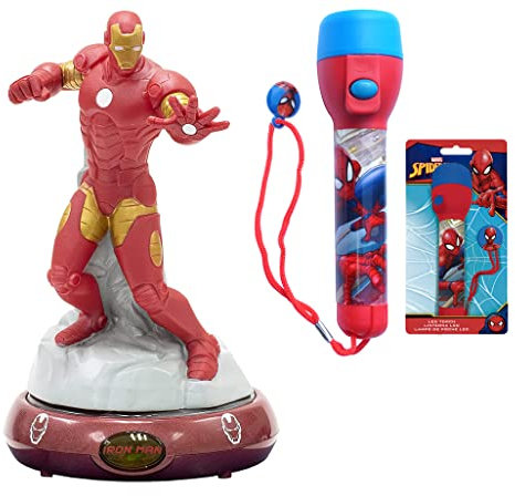 SRV Hub Avengers 2PCS Set of Big LED Flash Light Spiderman Torch and 3D Figure Table Night Ironman Lamp, Plastic Multicolor Toy Flashlight Lightweight Battery Powered Gift for Unisex Kids Home Décor