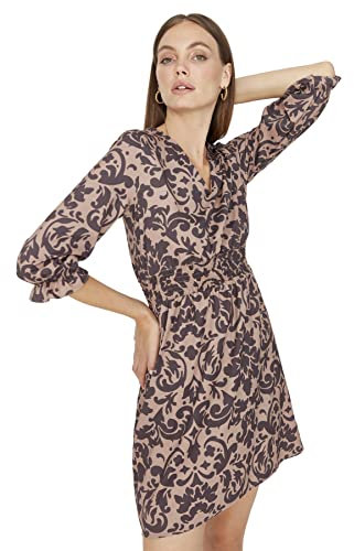 TRENDYOL Damen Regular Skater V-Ausschnitt Webstoff Kleid, Braun, 34