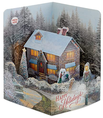 Hallmark Christmas Card, Thomas Kinkade Snowy Cottage, Musical, 3D Pop Up | Deck the Halls Sound, Multicoloured Paper Cottage Style, 14 X 10.3 X 10.3 Cm, Includes Red Envelope
