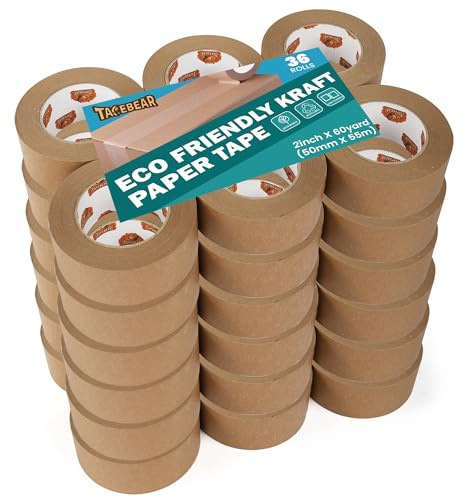 TAPEBEAR Eco-Friendly Kraft Paper Tape, Biodegradable Kraft Paper Tape | Recyclable Writable Packing Tape, Non-Coated Surface for Masking, Sealing, and Packaging Use, 2inch x 60yards,36Rolls