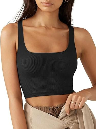 Rongseng Mujer Camiseta sin Mangas Sexy Crop Top Cuello Cuadrado Verano Deportivas Tank Tops Moda Casual Corto Chaleco Básicas Camistas para Gimnasio Entrenamiento