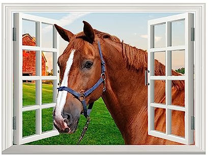 SUPERDANT Colorato Fattoria Cavallo Sticker per Pareti 3D Finestra Vista Adesivo da Parete Finestra Vista Adesivi Murali Bambino Cavallo Soleggiato Fattoria Campo Animali Natura Fotografia Arte della