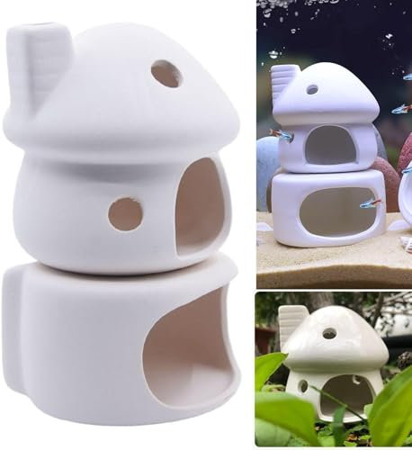 RUIAN Aquarium Pilzhaus Dekorationen mit Betta Fischhöhle Keramik Buntbarsch Höhlen für Aquarium Aquarium Aquarium Dekoration Syrischer Hamster (Weiß)