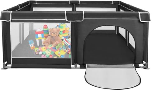 Faltbarer Laufstall für Babys, Spielgitter und 4 Ringe, Laufgitter Mit Atmungsaktivem Netz und Reißverschluss für Drinnen und Draußen, 180 x 150 x 66 cm, Schwarz