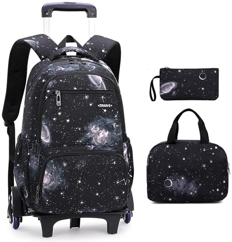 3pcs Trolley Rucksack Kinder Schulrucksack mit Rollen Teenager Jungen Rucksack mit Rollen Teens Schultasche mit Mädchen Schulranzen Galexy Schwarz 31x16x45cm