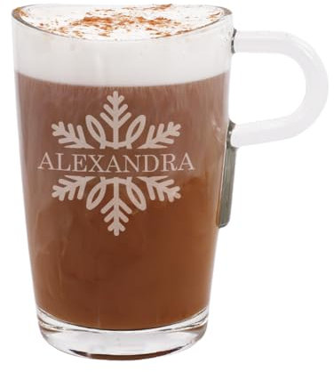 Herz & Heim® Leonardo Loop Glastasse mit Gravur des Wunschnamens für Kaffeegenießer (Schneeflocke)