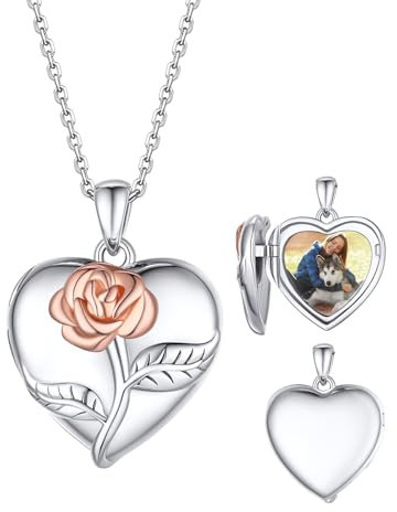 Custom4U 925 Silver Flower Rose Heart Necklace with Photo Inside Personalised Locket Necklace for Women