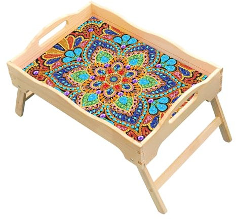 Lebartm DIY Diamond Bed Tray Table with Folding Legs Diamond Art Painting Handmade Wooden Dinner Plate Portable Laptop Tray Breakfast Trays for Sofa Bed Snacking Working
