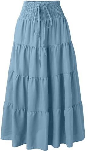 Adigaber Women 2-in-1 Long Skirt High Waist with Drawstring One Size | Solid color,Elastic waist,Long,A-Line,Ruffles,Party,Beach,With belt,Summer,Tummy control,Flowy, Dress