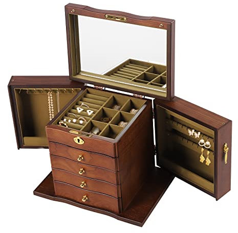 DSYOGX Retro Schmuckkasten, Schmuckkästchen mit 5 Schubladen Schmuckschatulle Groß Holz Schmuckkoffer und Spiege für Ohrringen, Ringen, Halsketten und Anderem Schmuck Verwendet Werden