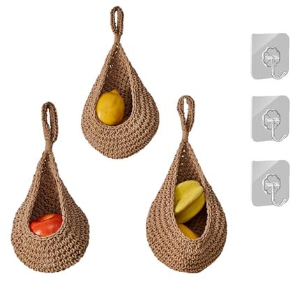 3 PCS Cotton Rope Woven Hanging Wall Basket for Fruits and Vegetables - Teardrop Plant Decor With Hooks