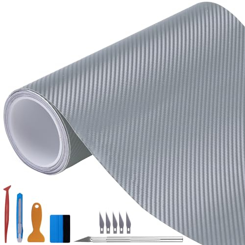 NewL Film Vinyle Fibre Carbone Argent 100x300cm, Kit Pose Couteau Raclette | Vinyle carbone 3D mat texturé, canaux d’air, extensible et auto-adhésif, sans résidu collant, pour voitures, motos et meubles