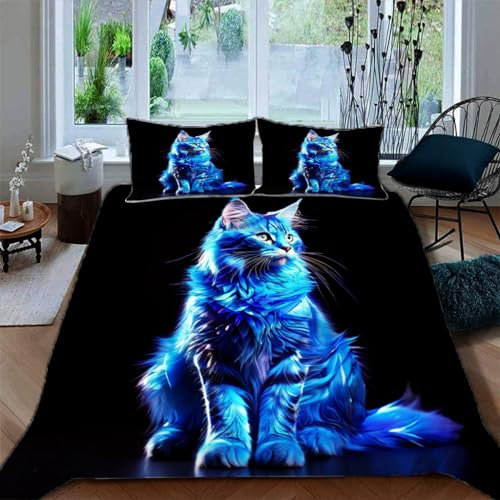 Ruiqieor Bettwäsche 135x200cm,Tier Blau Katze Motiv Bettwäsche Set, Flauschig Weich Bettbezüge Set,1 Bettbezug und 2 Kissenbezug 80x80 cm,3D Druck Cat Tier Muster（#3）