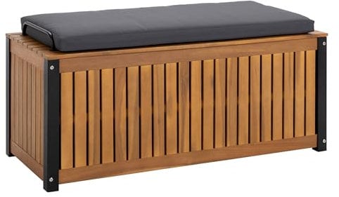 Dehner Kissenbox Liverpool, mit Sitzpolster und Inlay für Schutz der verstauten Gegenstände, 45 x 108.5 x 50 cm, Aluminium/FSC®-zertifiziertes Akazienholz, braun/dunkelgrau