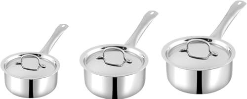 Nobel Tri-Ply Stainless Steel Sauce Pan with Stainless Steel lid, 2.5mm Thick, Silver (Gas and Induction Friendly) (Set of 3-14,16,18cm with S.S.Lid)