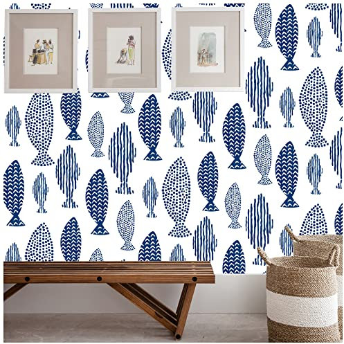 FENTIS Blau Fische Muster Selbstklebende Tapete Weiß Abziehen und Aufkleben Kontaktpapier Klebrige Rückseite Plastik Vinyl-Folie Wandaufkleber Rollen für Küche Schränke Arbeitsplatte 44.5x500cm