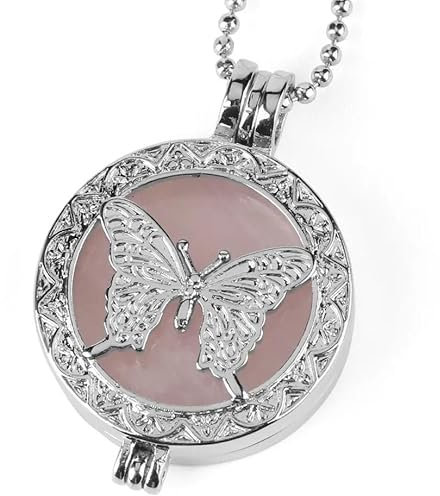 Bead Necklace For Women,Healing Crystal Necklace For Women,Natural Rose Quartz Stone Necklace Butterfly Aroma Diffuser Necklace Silver Chain Reiki Jewellery Gift For Her Women