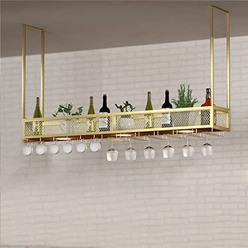 Portabicchieri da vino in ferro battuto con luci, montaggio a parete, in legno massello, mensole sospese a soffitto (oro, 120 x 30 cm)