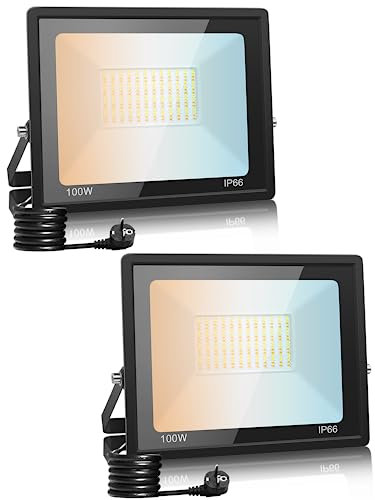 LED Strahler Außen mit Stecker 100W, 3000K/4500K/6500K LED Strahler Dimmbar,10000LM Superhell LED Fluter Flutlichtstrahler,IP66 Wasserdicht LED Scheinwerfer Aussenstrahler für Hof Garten Sportplatz