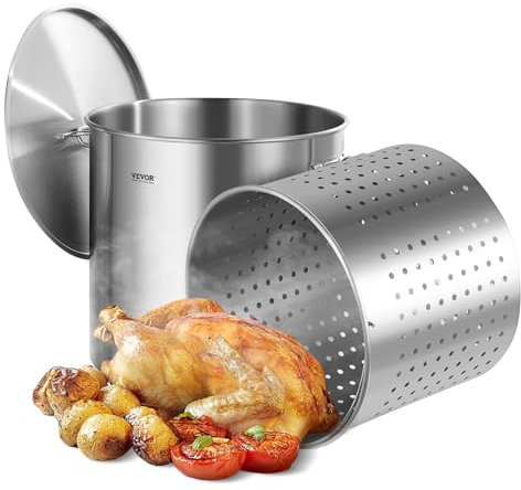VEVOR Olla Grande de Acero Inoxidable 94,6 L, Olla para Salsa con Canasta, Tapa y Asa, Olla Comercial Resistente, Tratamiento de Lijado, para Eventos de Grupos Grandes, Color Plateado, 500 x 495 mm