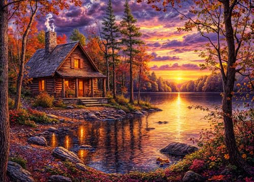 Sunset Glow Jigsaw Puzzles for Adults 1000 Piece Cozy Log Cabin Jigsaws 1000 Pieces for Adults