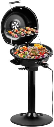 CUSIMAX Barbecue électrique sur pied avec couvercle et pied, température réglable et bac récupérateur de graisse, 1600 W, pour une utilisation en extérieur, balcon et jardin, nettoyage facile