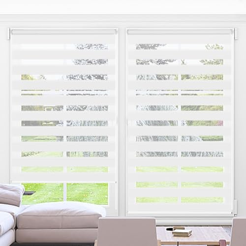 Kokorona Day and Night Blinds Zebra Roller Blinds for Windows, Dual Layer Fabric Zebra Blinds for Doors, Light Filtering Privacy Day Night Shades, 105cm Wide x 230cm Drop, White