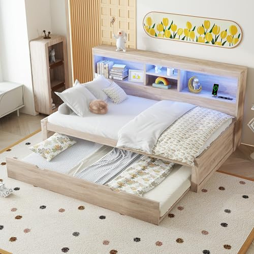 Tagesbett Schlafsofa 90x200 cm, Multifunktionsbett mit Ausziehbarem Bett 90x190 cm, USB-Steckdose, Ambientebeleuchtung und Bettseitiges Staufach, Einzelbett Daybett mit Lattenrost, Ohne Matratze,Natur