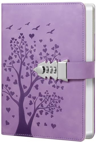 HwxBen Carnet en cuir PU avec serrure à combinaison, motif arbre en cœur, lavande, format A5, 244 pages, avec porte-stylo, poche intérieure et marque-page, idéal pour écrire ou offrir
