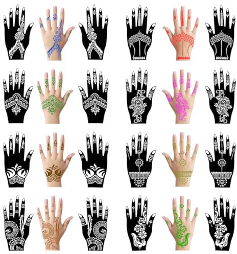 Koonafy 16 Henna main tatouage pochoir set, Réutilisable Pochoir de Tatouage à Paillettes, Pour la peinture des doigts, des mains, du corps, des tatouages temporaires à air (A)