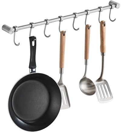 Kelelife Tableware Hanging Rack with 8 Removable Hooks, Kitchen Rail Pan Hanger Stainless Steel Wall Mounted Coat Hat Rack Bar Organiser for Hanging Tools, Knives, Pot, Brushed Nickel