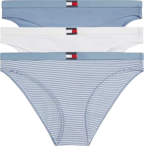 Tommy Hilfiger Damen 3er Pack Slips Bikini Form aus Baumwolle mit Stretch, Mehrfarbig (Mini Stripe/Ivory/Brisk Blue), S