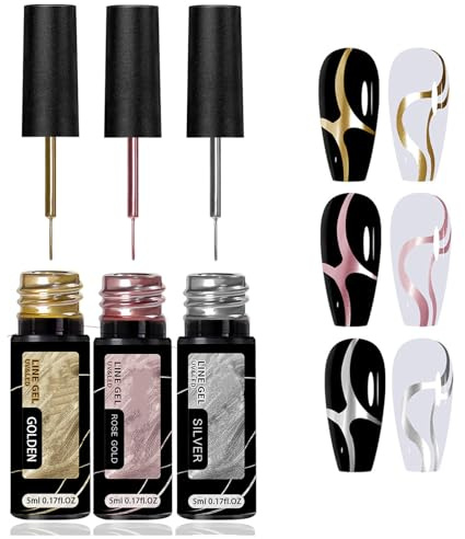 3pcs Metallic Chrome Gel Nail Polish Set - Gold Silver Rose Gold Gel Liner with Built-in Thin Brush, High Pigment Low Odor Long Lasting for DIY Nail Art (5ml Each)