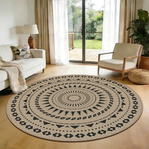 VSIWB Teppich rund 160 cm, Leichter Jute Aussehen Teppich, Rutschfest Wohnzimmerteppich, Outdoor Teppich Waschbarer, Minimalistisch Boho Teppich Braun für Schlafzimmer, Wohnzimmer und Balkon