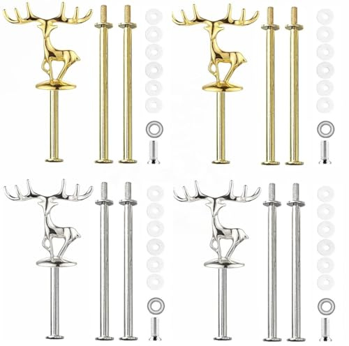 BetterJonny 4 Sets Cake Stand Fittings, 2 to 3 Tier Cake Plate Stand Handle Hardware Holder for Wedding and Party Making Resin Cupcake Dessert Platter Stand, Golden Silver Reindeer