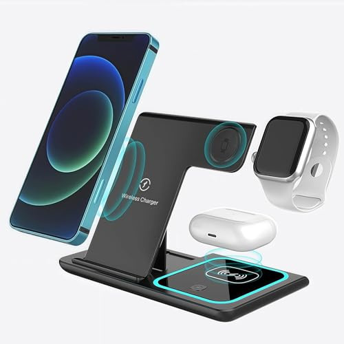 4-in-1 Induktive Ladestation für Apple Watch/iPhone/AirPods/Android, 15W Faltbare Kabellose Ladestation, Wireless Charger für iPhone 16/15/14/13/12/11 Pro Max/SE/X/XS/XR, Watch 9/8/7/6/SE 5/4
