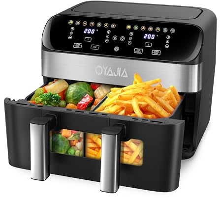 Heißluftfritteuse 2 Kammern Mit Sichtfenster 9L Airfryer 2 Fächer 9-In-1 Touchscreen Antihaftbeschichtete Frittierkörbe Gesunde Friteuse Ohne Öl Und Fettarmes Kochen Schwarz 9L