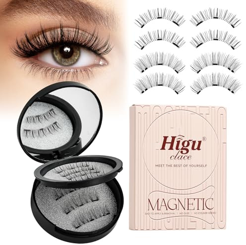 Higu clace Magnetic-Lashes with Applicator, Magnetic-Eyelashes No Glue or Eyeliner Needed, 8 Pair Reusable Eye Lash Kit Natural Look, False Eyelash Easy to Wear and Remove(BLACK AB)